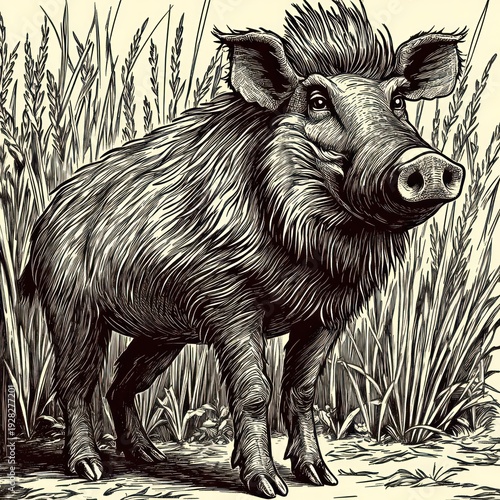 A wild boar roams through lush grass, displaying its powerful presence at dusk