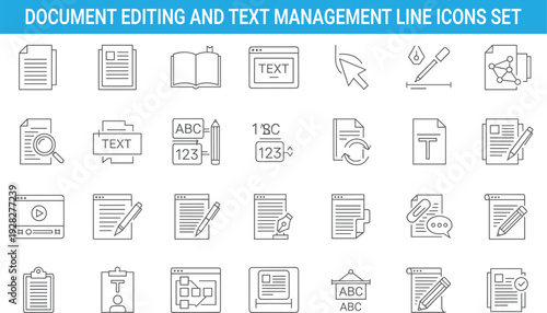 Document editing and text management line icons set, writing tools, file organization, digital content creation, office workflow symbols