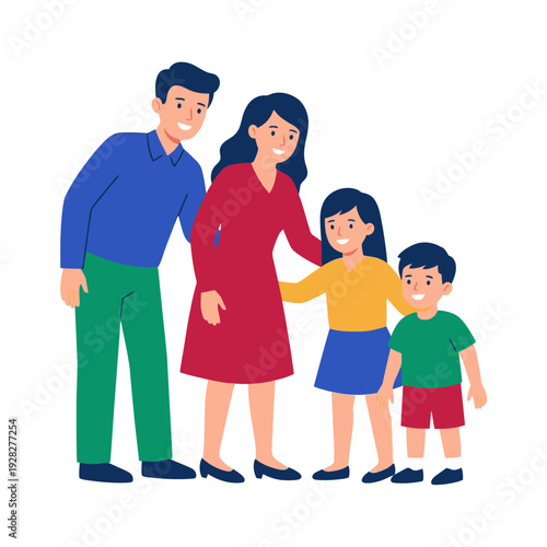 Flat vector illustration of a smiling family with parents and two children standing together. Represents family values and togetherness