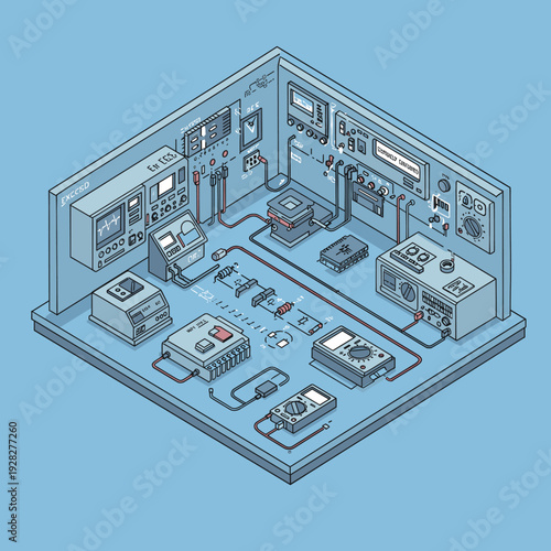 Isometric illustration of a cluttered electronics laboratory with various testing equipment and wires.