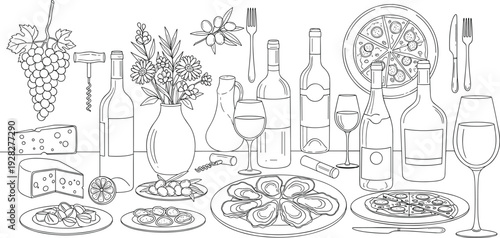 Luxury Italian Dinner Table Line Art with Wine Bottles Pizza Oysters Cheese Grapes Flowers and Gourmet Food for Restaurant Menu Design