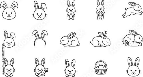 Adorable collection of various cute bunny icons featuring different poses like sleeping eating carrots and bunny ear headbands perfect for holiday designs