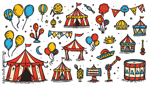 A colorful vector illustration of a circus scene with tents, balloons, and carnival rides