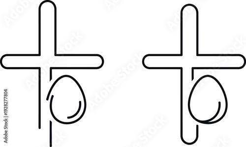 Simple black and white line art illustration depicting two stylized Christian crosses intertwined with Easter eggs symbolizing the merging of religious observance and spring celebration concepts.