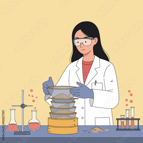 A scientist in a lab coat and goggles is performing a sieve analysis experiment with stacked sieves.