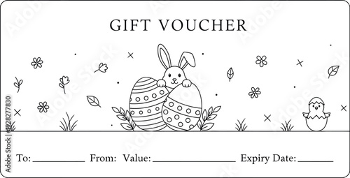 Adorable black and white outline drawing of a delightful gift voucher featuring a cute cartoon bunny holding two decorated easter eggs surrounded by tiny spring flowers and a hatching chick design.