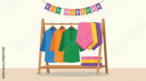 A clothes rack with colorful clothes and a birthday banner