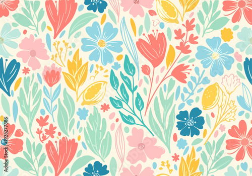 Seamless floral watercolor vector design featuring playful flowers and leaves on a bright clean background