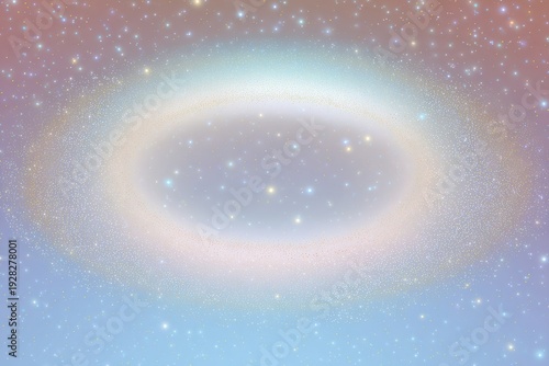 반짝이는 수많은 별들이 가득한 몽환적인 파스텔 톤의 밤하늘에 떠 있는 신비로운 빛의 고리와 부드러운 성운이 어우러진 추상적인 우주 배경 이미지로 평화롭고 영적인 분위기를 연출합니다.