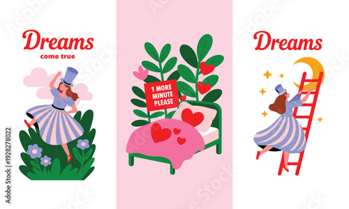 Whimsical figures joyfully pursue dreams in bright gardens and climb towards a moonlit sky, finding rest in a cozy bed.