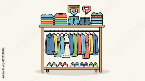 A clothing rack with shirts and shoes on display