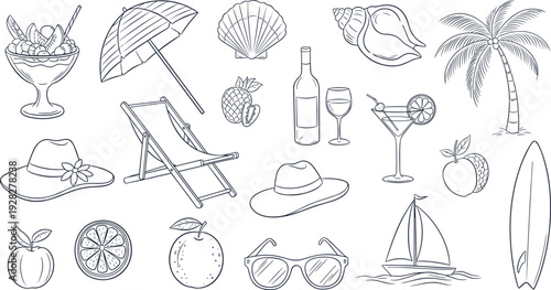 Summer beach vacation doodles set with surfboard, sailboat, palm tree, sun hat, sunglasses, and cocktails, cad drawing flat vector illustration.