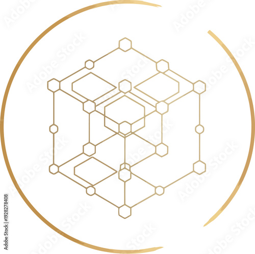 Elegant gold line art representing a futuristic blockchain cube network design enclosed within a minimalist circular frame on a soft white background suggesting luxury.