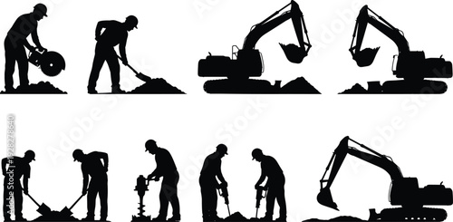 Construction workers and excavator machinery silhouettes set, industrial laborers digging drilling and earthmoving equipment icons isolated on white background for engineering projects