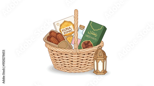 A wicker basket filled with food and a book next to a lantern
