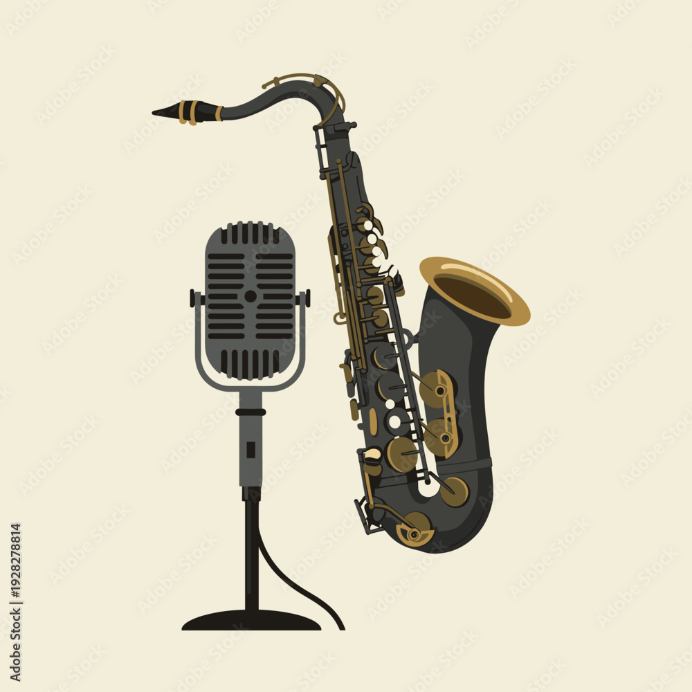 Naklejka premium A vintage-style microphone stands next to a dark saxophone, evoking a jazz or blues music performance.