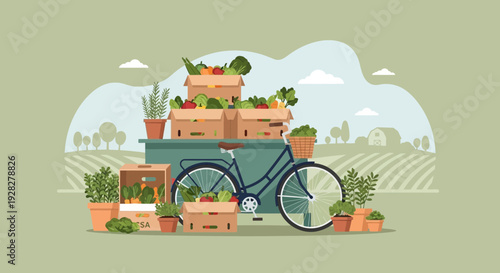 Bicycle Loaded with Fresh Produce and Potted Plants.