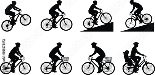 Cyclist silhouettes collection riding bicycle uphill and on flat road, urban commuting and family bike transport isolated on white background