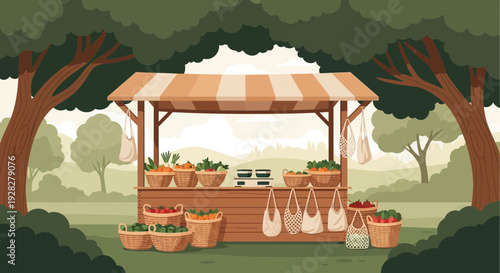 Charming Farmers Market Stall with Fresh Produce and Sustainable Bags.