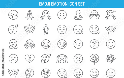 Emoji emotion icon set, facial expression symbols, happy sad angry calm feelings, mental health, mood vector outline collection pack