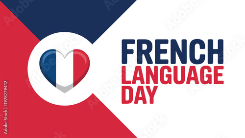 french language day celebration design with heart shaped france flag and modern typography layout on clean geometric background