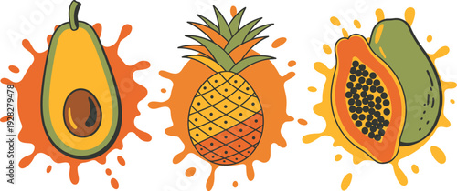 Tropical fruit vector illustration, avocado pineapple papaya with colorful splash backgrounds, healthy food artwork, exotic fruit design inspiration, vibrant decorative artwork collection