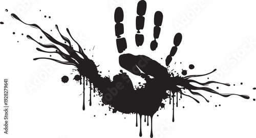 Abstract black handprint with splattered paint and dripping paint effect