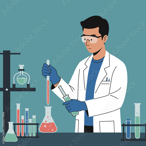 A scientist in a lab coat and safety goggles carefully performs an experiment with liquids in test tubes and flasks.