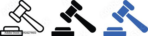 Three gavel icons in different colors for legal and judicial themes