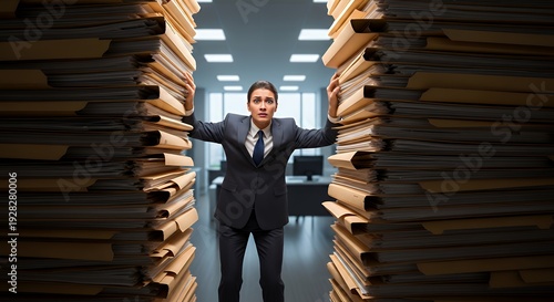 Corporate worker caught between two large stacks of folders closing in like walls Symbolic composition office setting
