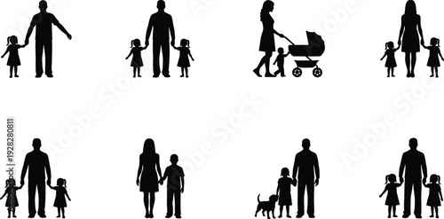 Family silhouettes set with parents and children walking, mother pushing stroller and father holding daughters hands isolated on white background