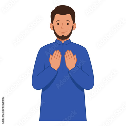 Flat vector illustration of a Muslim man praying with raised hands