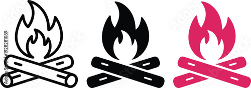 Three stylized campfire icons with varying flame colors and line styles