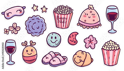 A colorful vector graphic illustration of various cute cartoon food and drink items with smiling faces