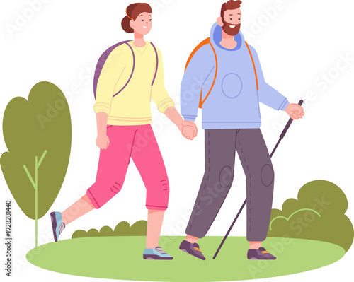 Couple hiking together. Summer nature outdoor activity
