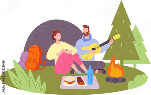 Forest campsite scene with happy couple leisure time