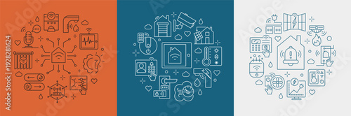 Circular Minimal Composition of Smart Home Linear Icons, Connected House Automation Concept