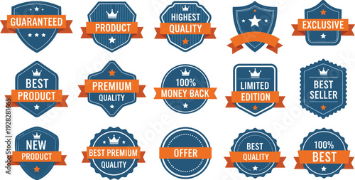 Premium Quality Badge and Marketing Seal Icon Set Featuring Guaranteed Product Highest Quality Best Seller Limited Edition and Money Back Guarantee Vector Labels for E-commerce