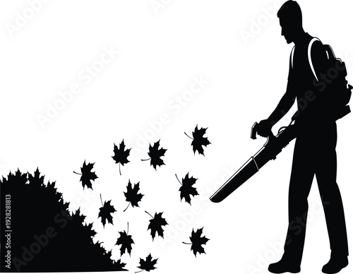 Black silhouette of a man using a leaf blower to clear autumn leaves from a lawn on white background