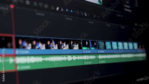 Professional video editing timeline with clips and audio waveform, Close-up of post-production workflow on editing software