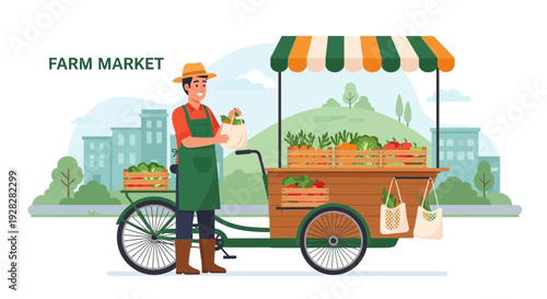 Farm Market Vendor with Bicycle Cart Full of Fresh Produce.