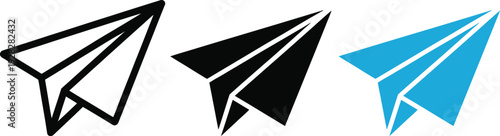 Three stylized paper airplane icons in varying colors and designs