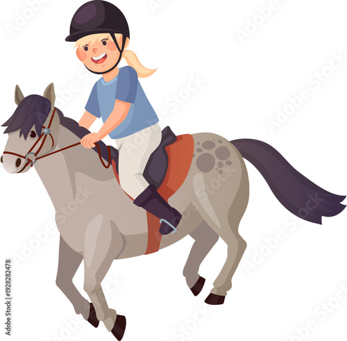 Happy girl ride pony. Active sport kid