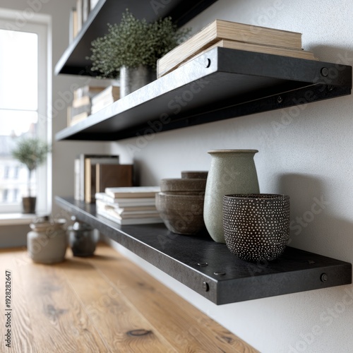 Modern minimalist shelves with decorative pottery in sunlit room