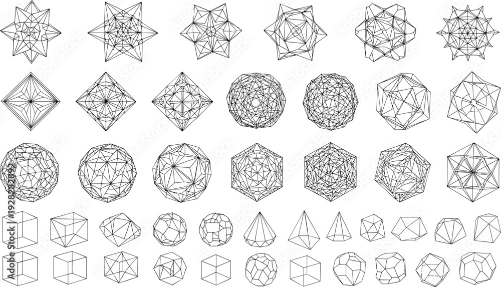 Αυτοκόλλητο Abstract geometric wireframe icon set featuring complex polyhedrons, 3D crystalline shapes, linear stars, multifaceted globes, Platonic solids, and mathematical sacred geometry outlines in black