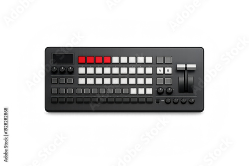 Realistic video switcher console with buttons and controls on gradient background