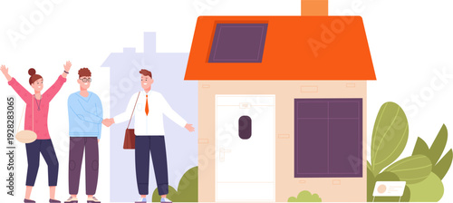 Couple buy house. Happy home owners deal with agent