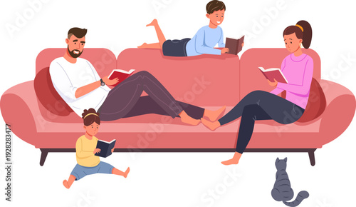 Family reading books together on home red sofa