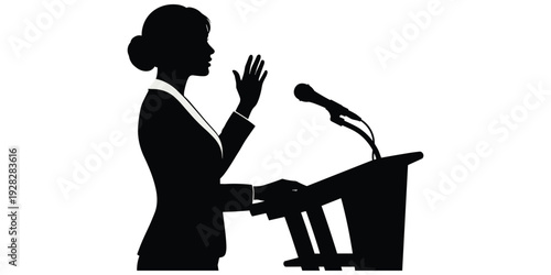 Public speaking silhouette, podium microphone, raised hand, leadership motif, communication artwork, presentation design, professional illustration, decorative drawing, flat vector artwork