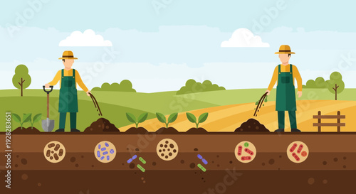 Farmers Planting Crops with Underground Seed and Root Visualization.